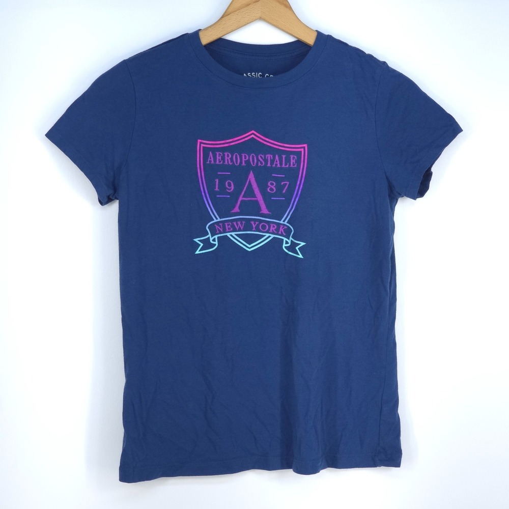 Aeropostale 1987 New York Graphic T-Shirt Women's Large Blue Short Sleeve Logo